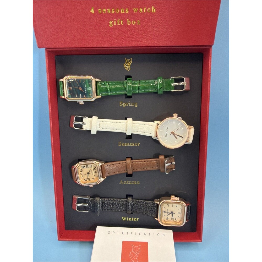 Lucky Fox Ladies Watch 4 piece set In Gift Box. Leather Bands